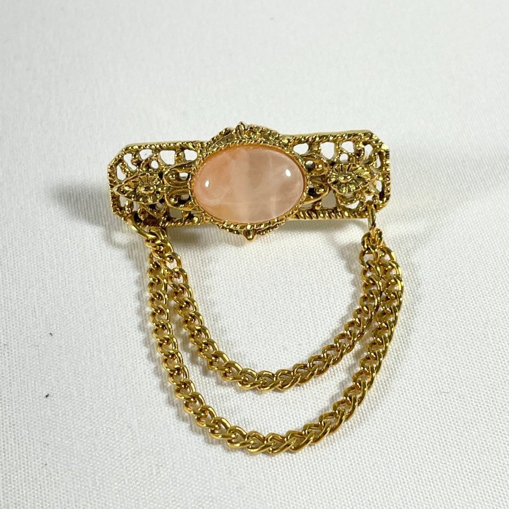 Brooch/Pin W/Drop Chain Vint. Elegant Cabochon Rose Quartz Gold Tone Filigree